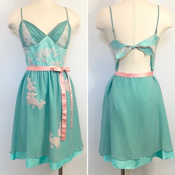 🌺SOLD🌺 90s Betsey Johnson SILK New York Chiffon Green Babydoll Slip Dress 8 - Picture 12 of 12
